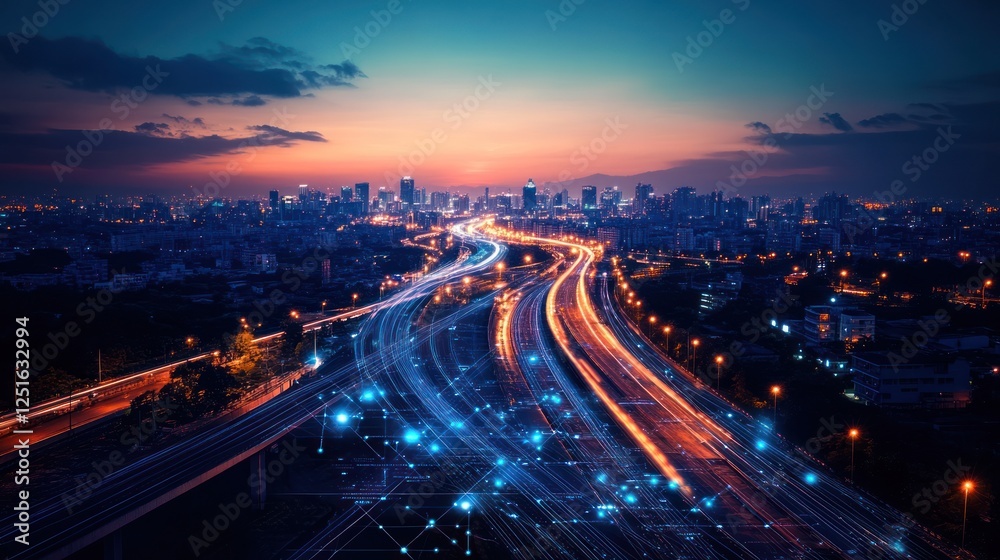 Fototapeta premium Cityscape highway network, digital connection, sunset, future technology