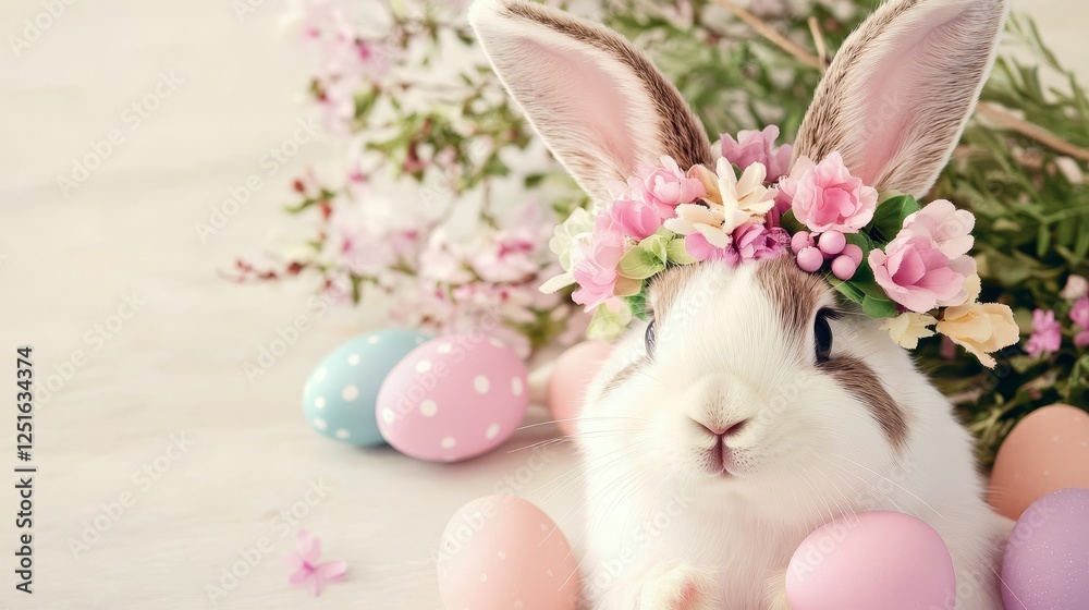 Cute White Rabbit with a Floral Crown Surrounded by Pastel Easter Eggs Spring Celebration. Cute White Rabbit with a Floral Crown Surrounded by Pastel Easter Eggs Spring Celebration.