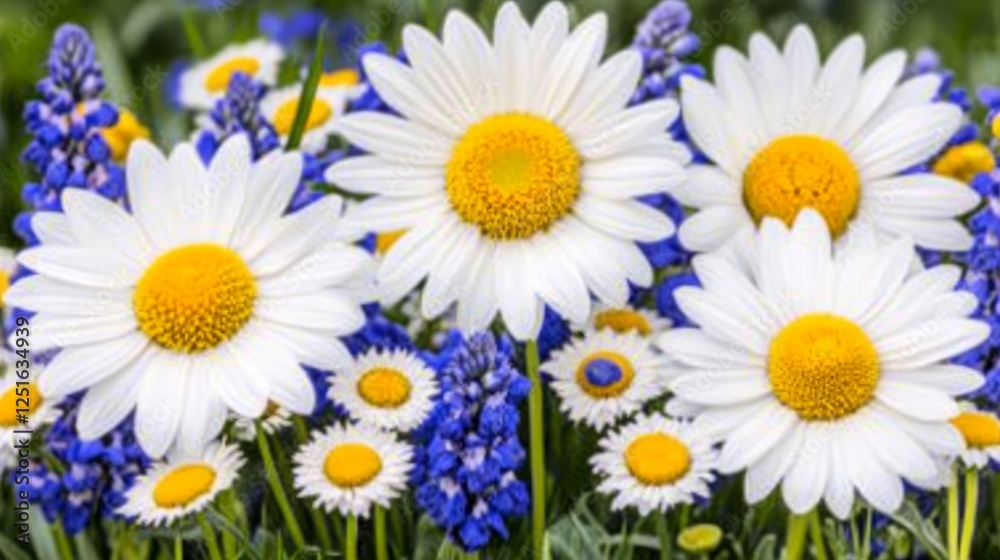 Obraz premium Daisies and Blue Grape Hyacinths in Garden Bloom.