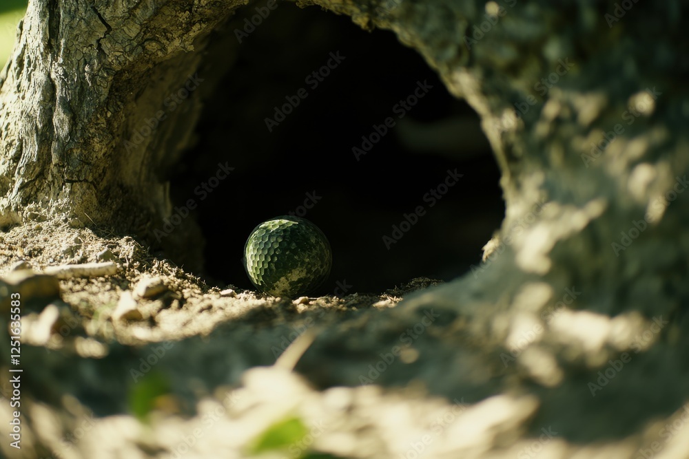 A Soft Light Afternoon Scene Capturing a Ball Entering a Hole Surrounded by Shadows and Trees from a Unique Perspective A Soft Light Afternoon Scene Capturing a Ball Entering a Hole Surrounded by Shadows and Trees from a Unique Perspective