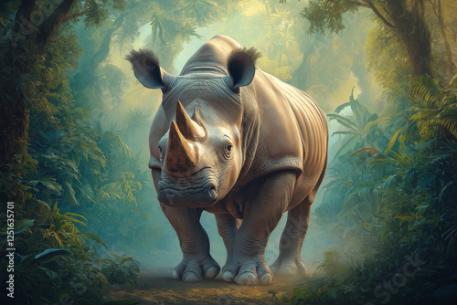 Powerful rhinoceros standing in a misty tropical jungle, showcasing its majestic presence in a vibrant natural environment