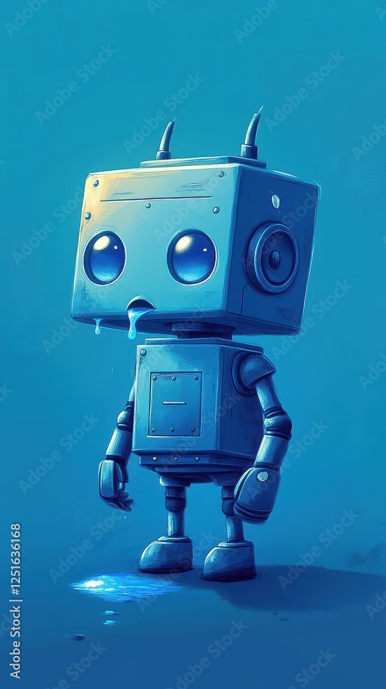 Fototapeta premium Cute blue robot stands with liquid dripping down