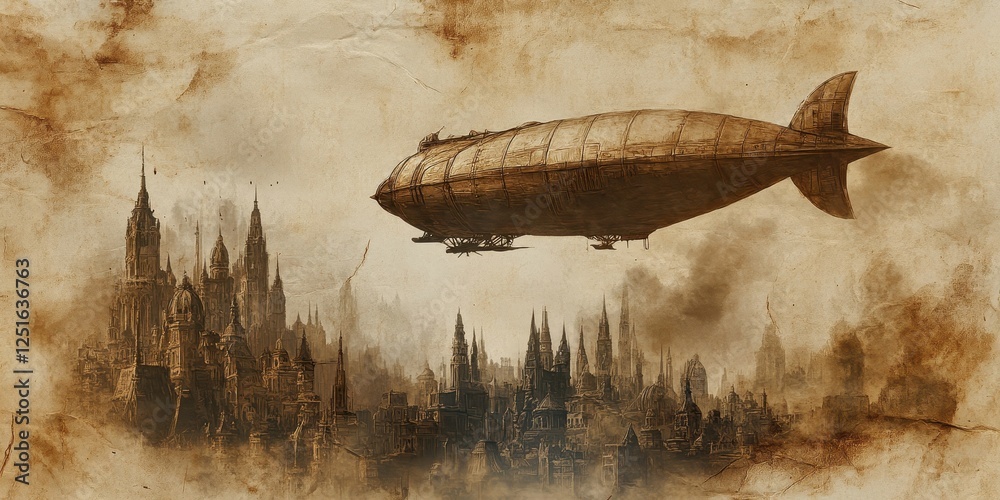 Naklejka premium Steampunk airship floats above a dark and misty cityscape