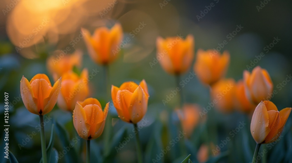 Bright and colorful tulip flowers glowing in the warm light of the morning sunshine Bright and colorful tulip flowers glowing in the warm light of the morning sunshine