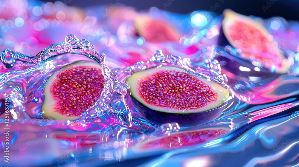 Fototapeta premium Tasty fig: A superfood with organic vitamins. Vibrant figs splashing in water with colorful lighting effects.