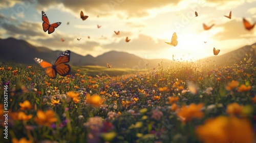 A serene wildflower field in full bloom, surrounded by gentle hills, as butterflies flutter through the air under a radiant summer sky