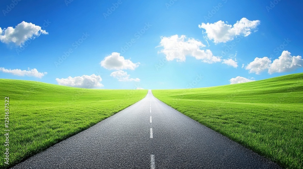 A Scenic Road Through Lush Green Fields Under a Bright Sky with Fluffy Clouds and Fresh Grassy Meadows Underneath A Clear Sky Showing A Great A Scenic Road Through Lush Green Fields Under a Bright Sky with Fluffy Clouds and Fresh Grassy Meadows Underneath A Clear Sky Showing A Great