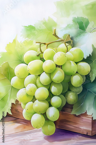 Watercolor painting featuring a cluster of green grapes hanging from a vine, evoking freshness and the beauty of nature