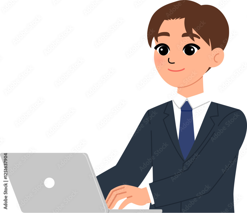 smiling businessman character working with laptop illustration smiling businessman character working with laptop illustration