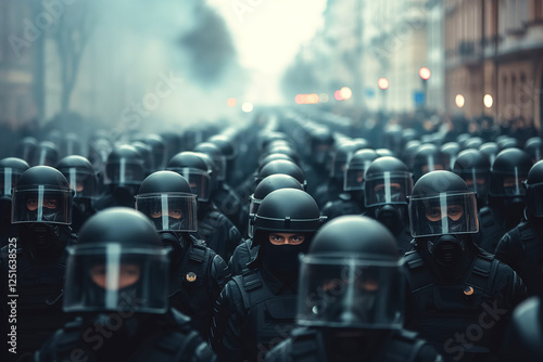 Riot police in uniform and helmets assembling in urban street protest scene