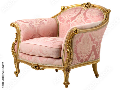A pink Chesterfield high back wing chair with a black base on white background, throne armchair, generative ai