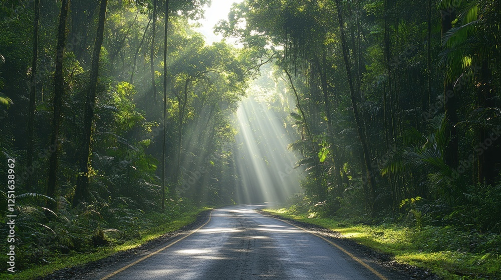 Obraz premium Sunlit Forest Path Surrounded by Lush Greenery with Rays of Light Shining Through the Trees