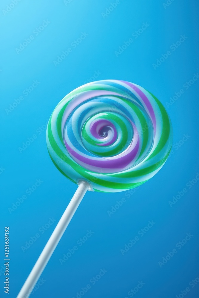 Colorful swirl lollipop on a stick with blue background, candy treat, sweet spiral, fun, and cheerful. Colorful swirl lollipop on a stick with blue background, candy treat, sweet spiral, fun, and cheerful.