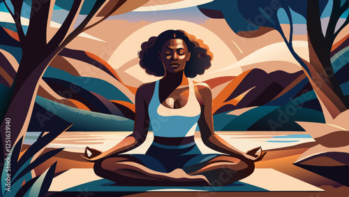 Black woman meditates serenely by tranquil lake. Natural setting with hills and trees offers ample copy space. Earthy tones create peaceful atmosphere. Concept: retreat center, meditation app, wellnes