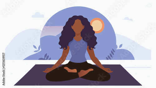 Black woman in lotus pose meditates peacefully on yoga mat. Serene expression with mountains and sun backdrop . Concept: yoga studio, wellness center, mindfulness app