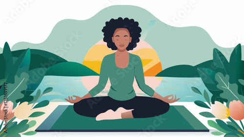 Black woman in teal attire meditates on yoga mat outdoors. Peaceful pose with hills and water backdrop. Concept: wellness center, meditation app, mindfulness program
