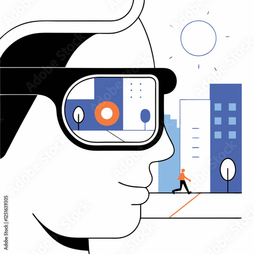 Futuristic realism, person wearing AI-powered smart glasses for the visually impaired, city street setting, close-up shot, early evening ambient light, subtle glow from smart glasses display