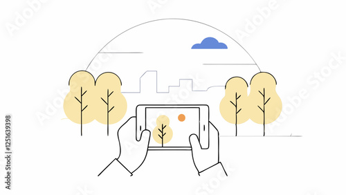 Person captures park scene with smartphone, city skyline in background. Minimalist illustration shows photography in action. Space for text overlay. Concept: photography, tourism