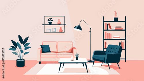 Modern living room with teal and blush pink decor. Clean lines and minimalist furniture create serene atmosphere. Concept: Interior Design, Home Decor, Furniture Retail, psychotherapist's office
