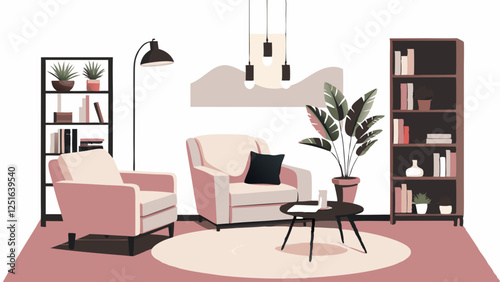 Sophisticated living space with paired beige armchairs and plants. Blush pink and brown tones create warm ambiance. Concept: Interior Design, Real Estate, Home Staging, psychotherapist's office