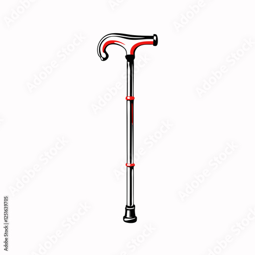 Classic walking cane with red accents against clean background. Elegant curved handle design. Ample white space for text overlay. Concept: Mobility Aid, Medical Supply.