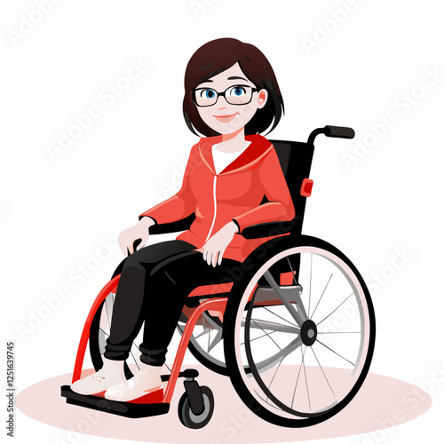 Woman in wheelchair smiling warmly at camera. Professional in red jacket and glasses projecting confidence. Concept of disability inclusion, workplace diversity, accessibility services.