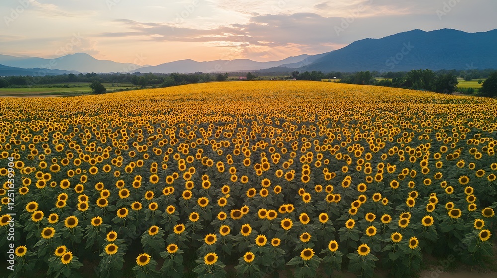 Obraz premium Vibrant sunflower field at sunset, golden flowers stretching across a vast landscape, ideal for nature-themed projects.