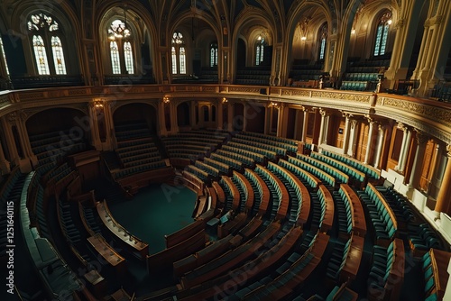 Interior views of parliamentary halls and state houses, symbolizing political decision-making spaces. AI generated image