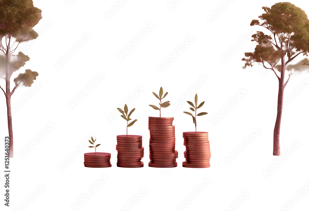 growth bank growing three-dimensional business background currency invest render money pink coin concept illustration trees minimal stack success 3d graph stacks investment saving accounting earning