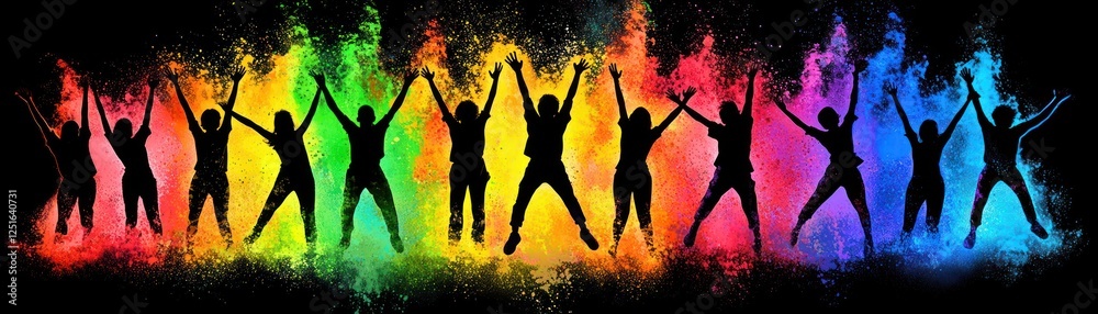 Naklejka premium People jumping in colorful powder, celebration, joyful scene, background use