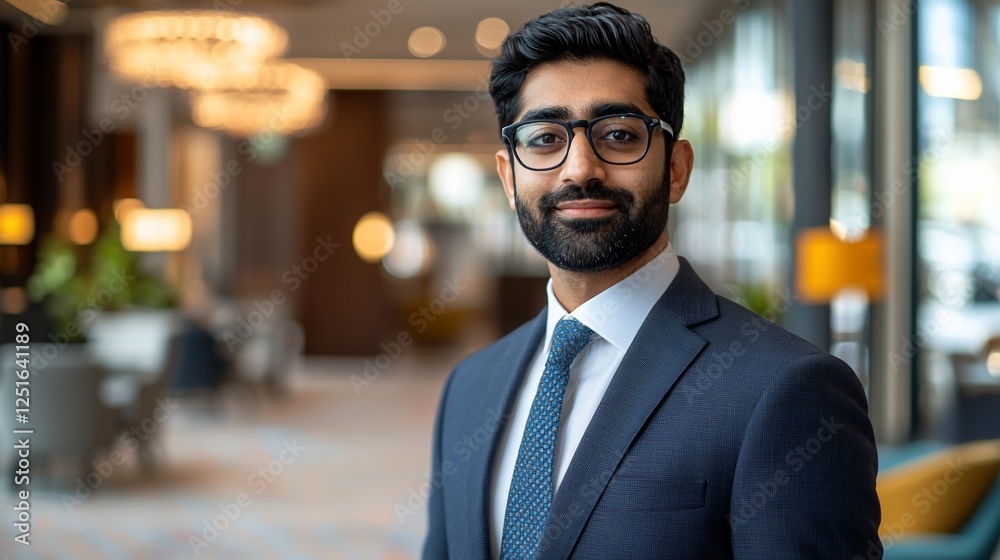 Portrait of a businessman in a modern office lobby for corporate image and career use