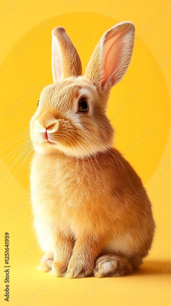 Fototapeta premium close-up of a domestic rabbit with long ears against a yellow background.