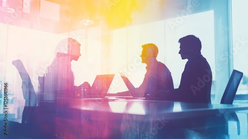Collaborative team of business professionals working together in modern office setting, double exposure effect, ideal for corporate and teamwork-themed banner designs