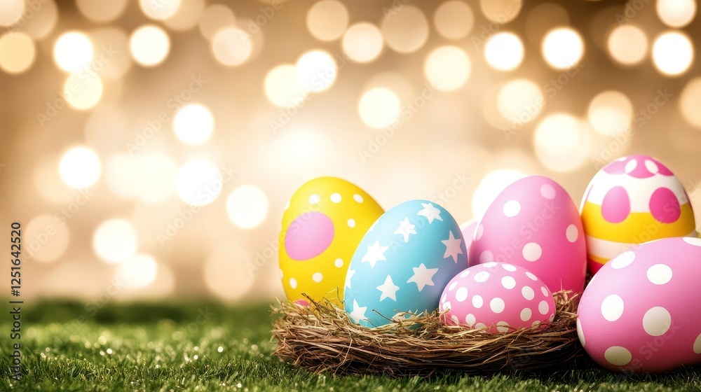 Decorated Easter Eggs in a Nest on Grass with a Bokeh Background for Celebratory Festive Event. Decorated Easter Eggs in a Nest on Grass with a Bokeh Background for Celebratory Festive Event.