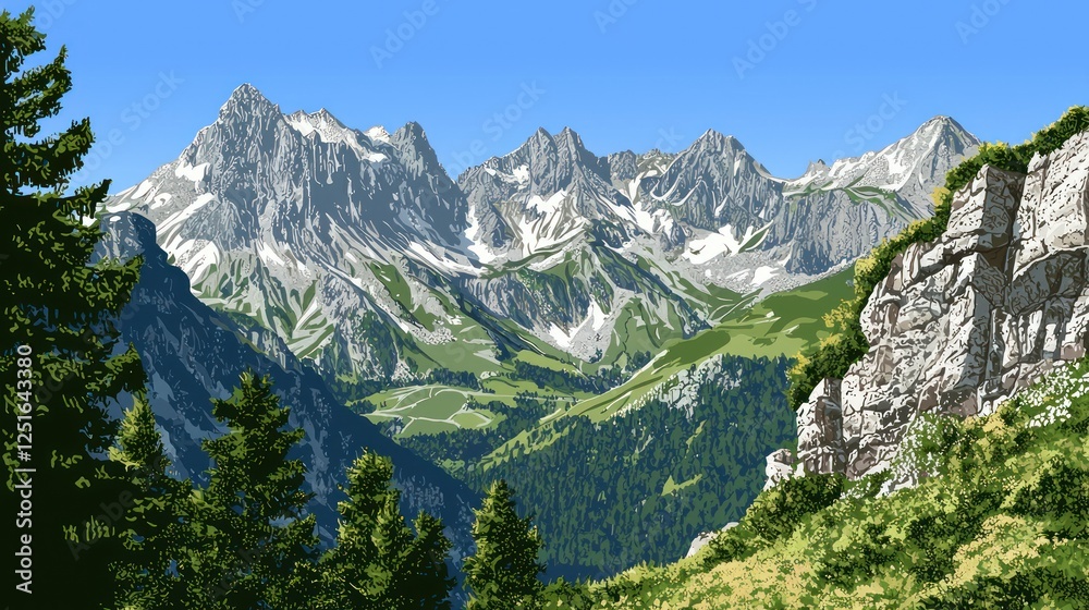 Fototapeta premium Alpine mountain valley view, sunny day, lush greenery, ideal for nature wallpaper