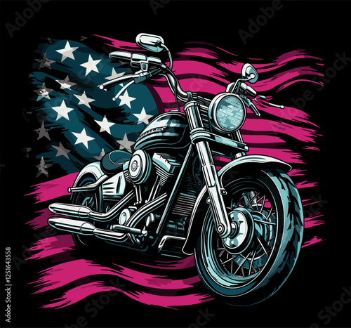 Vector design for t-shirt. 
Biker motorcycle
with american flag on black background. 
Fashionable print for fabric, paper, men clothing,
hoodie, biker jacket.