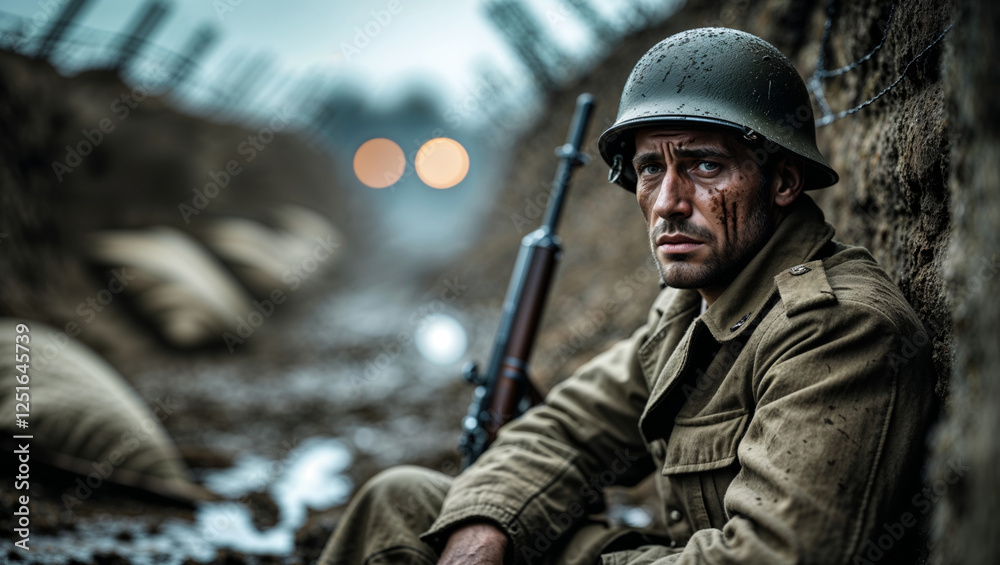 Soldier sitting in muddy trench during a rainstorm in conflict zone Soldier sitting in muddy trench during a rainstorm in conflict zone