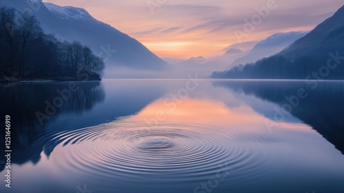 Fototapeta Naklejka Na Ścianę i Meble -  A still and tranquil lake water surface, reflecting the soft colors of the sky at dawn, with subtle ripples creating a sense of harmony and peace