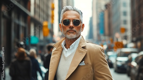 Two middle-aged men walking down the street in New York City on a slightly overcast day.