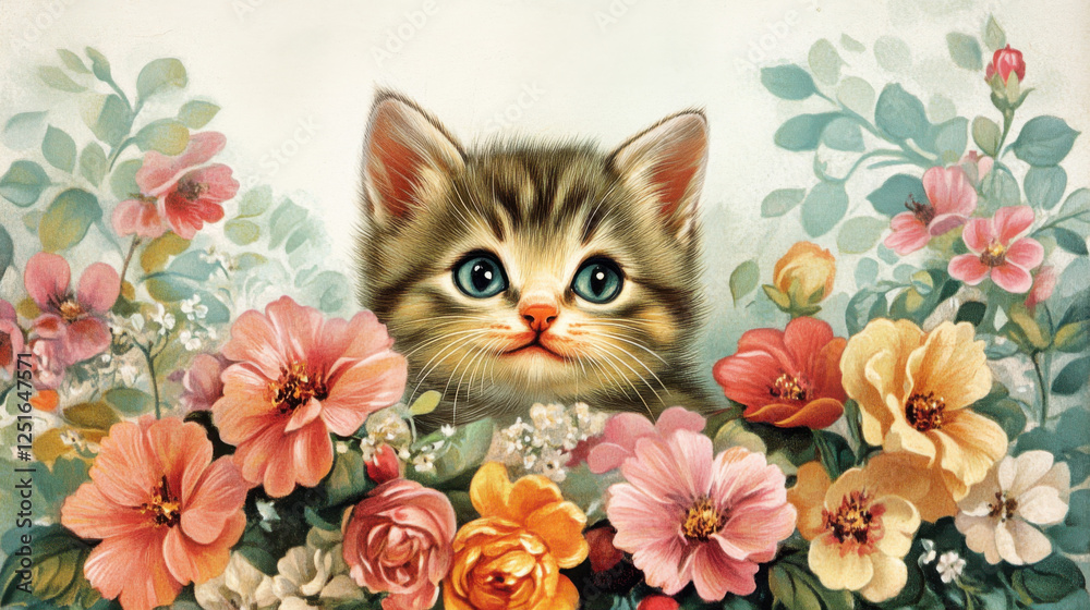 Fototapeta Vintage Valentine-themed kitten illustration in 1950s-1970s greeting card style, perfect for classic cat ephemera lovers