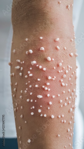 Close-up image of Molluscum Contagiosum skin lesions on a person's arm. photo