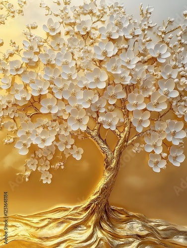 Golden blossom tree with white flowers on golden background artistic nature and growth