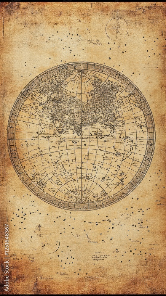 Obraz premium Antique map showing continents and constellations on parchment paper