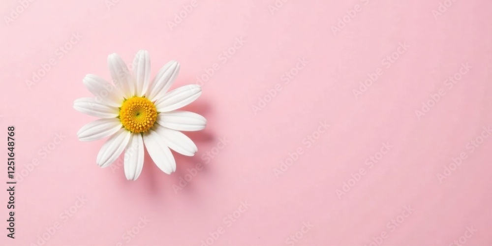 Obraz premium A single daisy blossom rests delicately on a soft pink background, creating a serene and minimalist floral scene perfect for a variety of design applications.