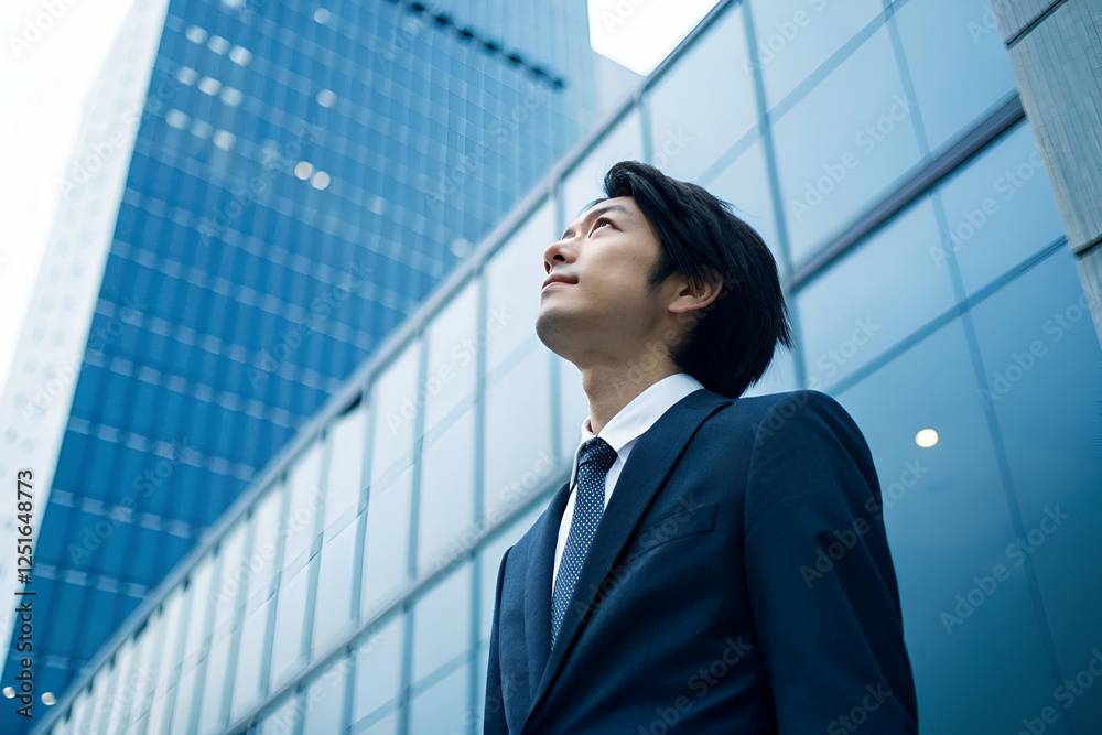 Business Person Looking Upward At Buildings and Cityscape, Urban Setting in Business Person Looking Upward At Buildings and Cityscape, Urban Setting in