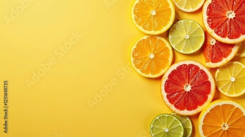 Vibrant citrus fruit slices arranged on a sunny yellow background, offering a refreshing and zesty visual experience for various design applications.