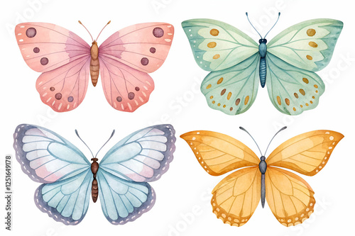 Four Watercolor Pastel Butterflies Illustration for Design Set Collection with