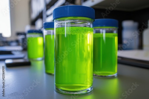 Laboratory experiment with fluorescent green solutions research facility scientific study controlled environment close-up perspective chemistry and innovation photo