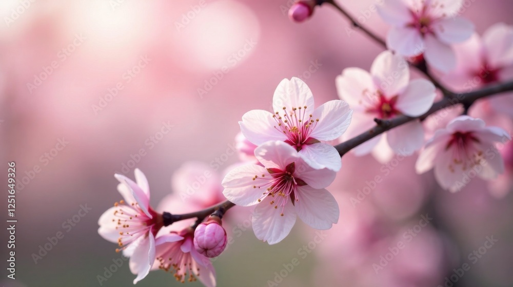 Delicate Pink Blossoms on a Branch in Soft Sunlight, a Gentle Springtime Scene Delicate Pink Blossoms on a Branch in Soft Sunlight, a Gentle Springtime Scene