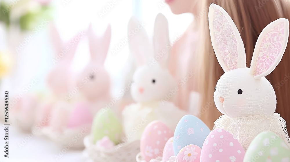 Obraz premium Decorative Easter Bunnies and Pastel Eggs Placed in a Line for a Spring Celebration.